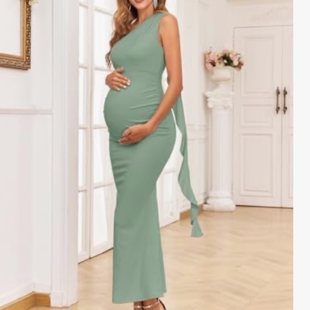 Maternity One-Shoulder Sage Green Evening Dress